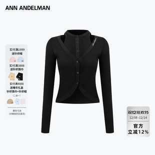 开衫 ANN 早秋黑色薄款 上衣女2025新款 外套 ANDELMAN假两件针织衫