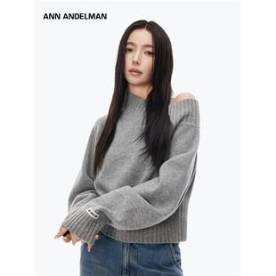 斜肩新款 ANDELMAN斜领毛衣短款 ANN 套头毛衣针织衫 明星同款
