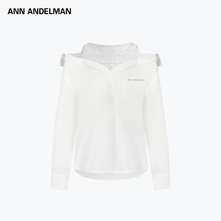 一字露肩上衣 烫钻系列网纱透视拼接衬衫 ANN ANDELMAN2026早春新款