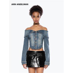 蓝色一字肩牛仔外套长袖 新款 上衣 ANDELMAN官方直营2025秋季 ANN