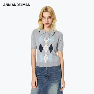 polo领菱形格针织短袖 ANDELMAN ANN 毛织T恤衫 明星同款