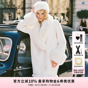 NanaJacqueline冬季新款复古毛领钻饰茧型大衣罗马扣轻奢毛呢外套