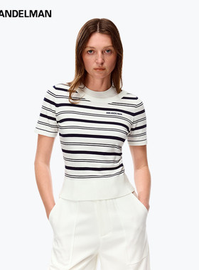 ANN ANDELMAN官方直营白色圆领修身套头短袖T恤女假两件条纹T毛织