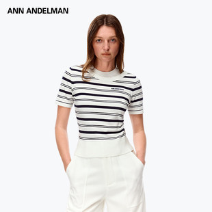 T恤女假两件条纹T毛织 套头短袖 ANN ANDELMAN官方直营白色圆领修身