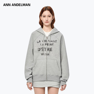外套 灰色卫衣连帽字母印花宽松开衫 ANN ANDELMAN官方直营男女同款