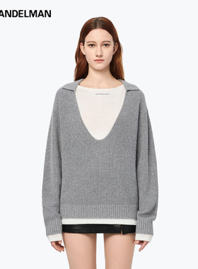 ANN ANDELMAN官方直营灰色针织毛衣女秋冬假两件荡领套头慵懒上衣