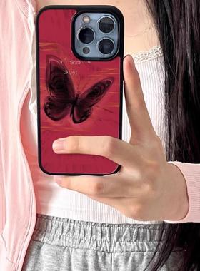 高级红色蝴蝶亚克力黑边亮面磨砂磁吸适用苹果16promax手机壳iPhone15lus14Pro13保护套12防摔ins玻璃壳11