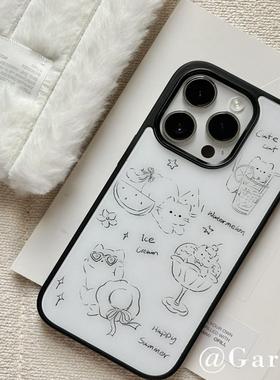 手绘黑白猫咪画亚克力黑边亮面适用苹果16promax手机壳iPhone15lus14Pro13保护套12防摔ins挂绳硅胶