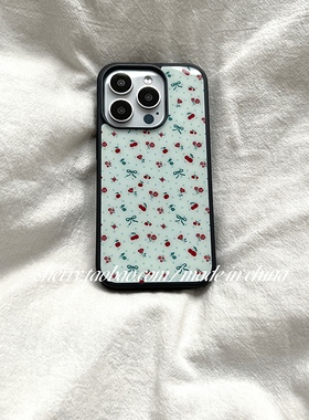 薄荷绿波点红色玫瑰樱桃亚克力黑边亮面小米15适用苹果16promax手机壳iPhone15lus14Pro1312防摔ins玻璃壳