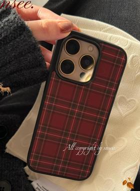 复古酒红色亚克力黑边磨砂磁吸适用苹果16promax手机壳iPhone15lus14Pro13mini保护套12/11/xsmax/78防摔ins