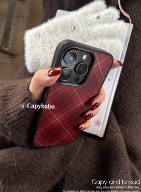 红色菱形格纹ins亚克力黑边适用苹果iPhone16promax手机壳15pro小米14Pro保护套华为mate防摔三星S23荣耀