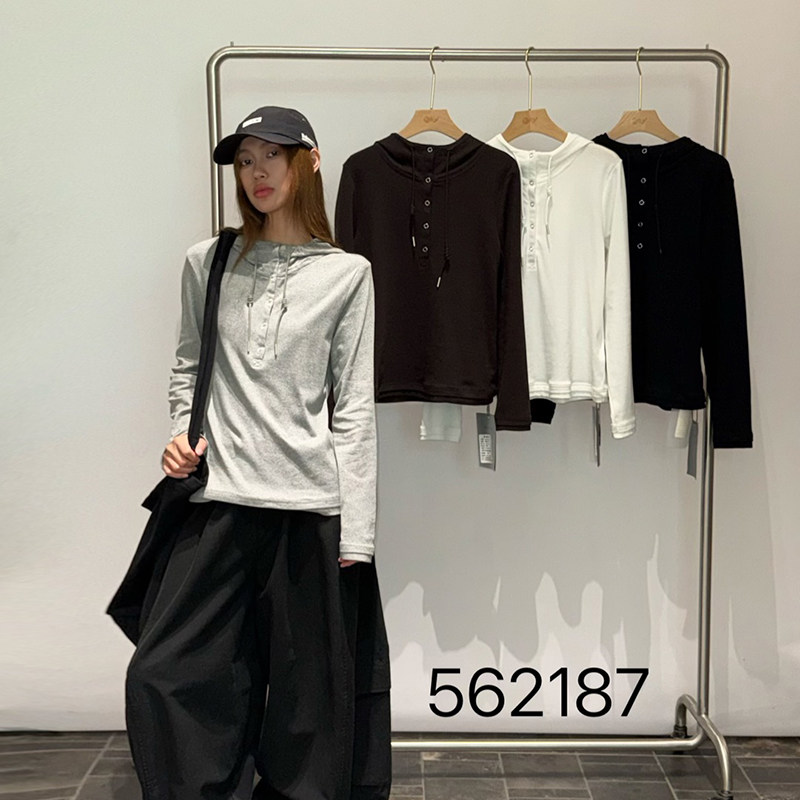 becabeau奢佑562187松弛连帽排扣长袖T恤女宽松休闲显瘦2026秋季图片