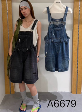becabeau幕茄6679牛仔背带短裤女宽松减龄2026夏高腰破洞背带裤子