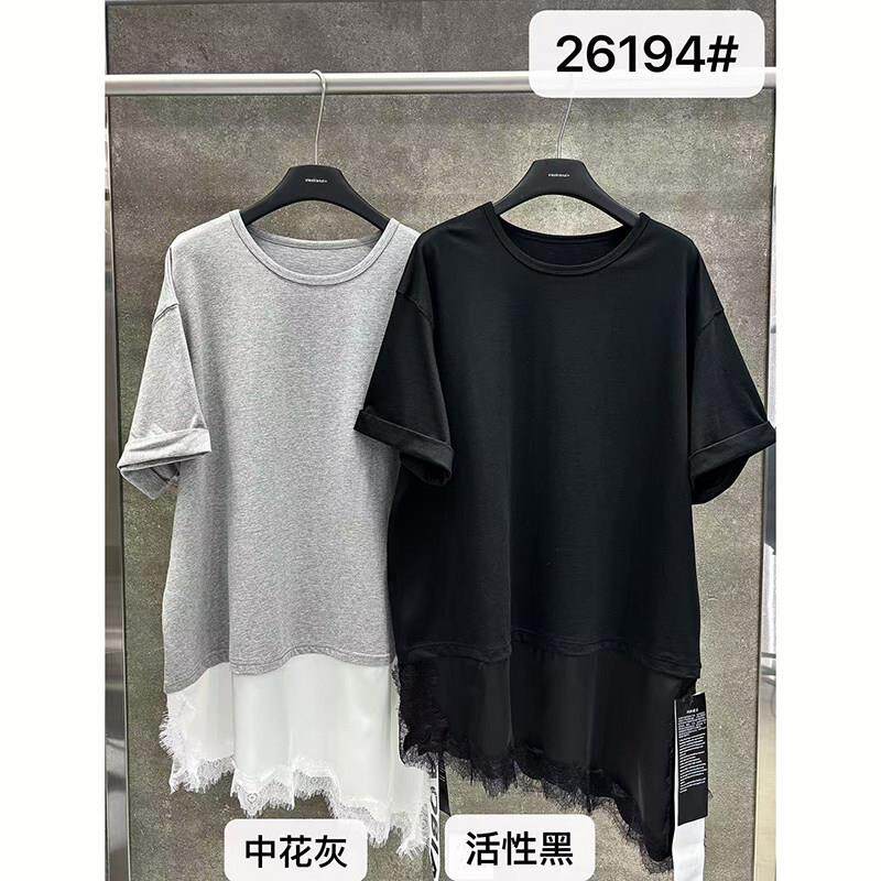 小辫子26194简约蕾丝拼接短袖T恤女2026夏季宽松百搭下摆设计上衣