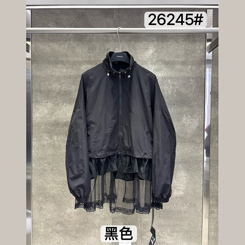 小辫子26245休闲立领拉链外套女宽松蕾丝拼接黑色秋季外套2026秋