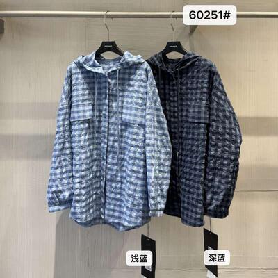 欧韩伽60251休闲风格子衬衫女长袖连帽宽松棉质衬衣2026春夏新款