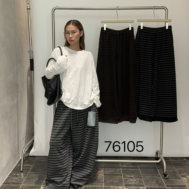 becabeau奢佑76105高腰条纹阔腿裤女宽松直筒休闲裤松紧腰2026秋图片