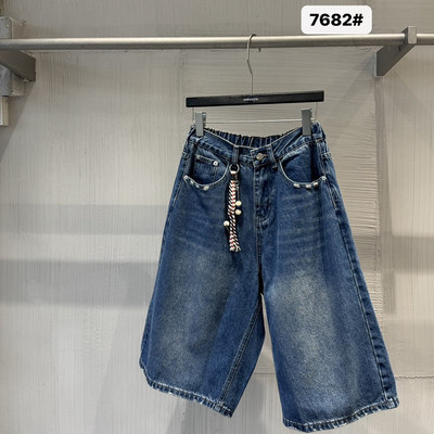 欧韩伽7682休闲高腰牛仔中裤女2026夏季宽松蓝色珠片点缀复古短裤
