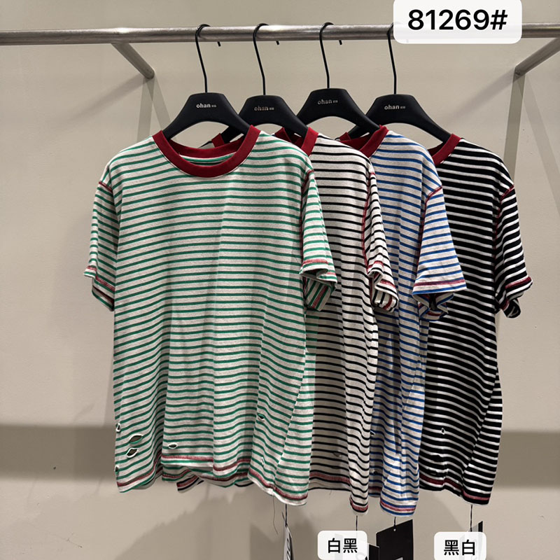 欧韩伽81269复古条纹短袖T恤女宽松百搭休闲风做旧破洞上衣2026秋