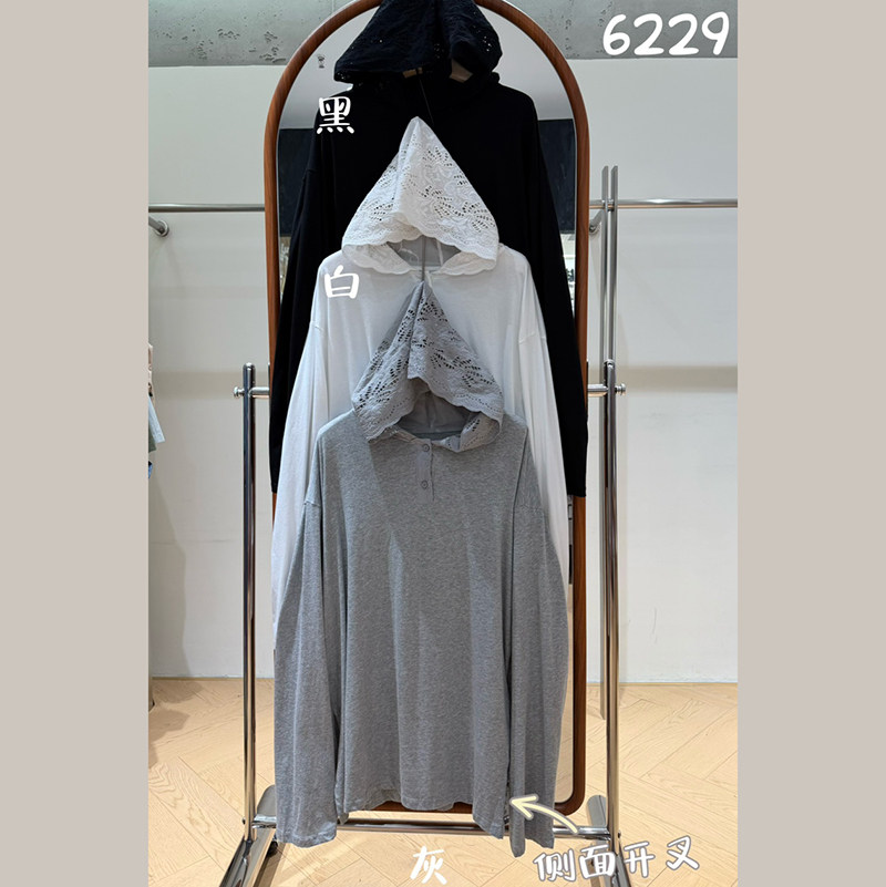 黑标WE6229韩版慵懒风连帽长袖T恤女宽松休闲套头衫上衣2026秋季
