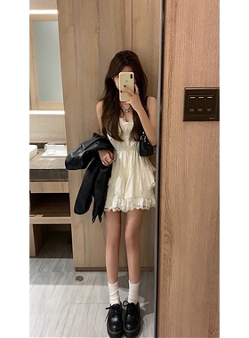 只吃鱼的喵喵喵 甜辣吊带连衣裙女短裙蕾丝收腰显瘦蛋糕小白裙