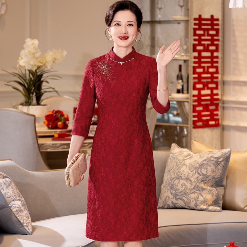 喜妈妈结婚宴会礼服夏装喜婆婆旗袍裙新中式丈母娘婚礼连衣裙红色