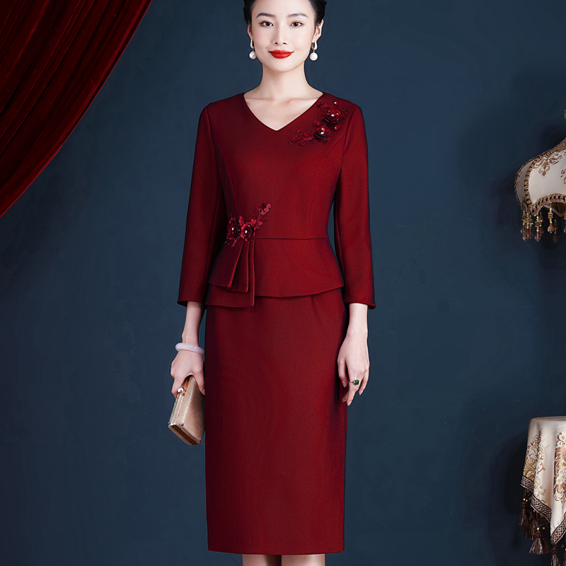 中年妈妈婚宴礼服假两件套连衣裙
