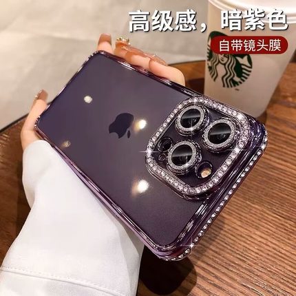 水钻边框适用苹果15promax手机壳16女新款高档奢华闪钻iphone14pro带镜头膜13pm透明12高级感plus硅胶17软por