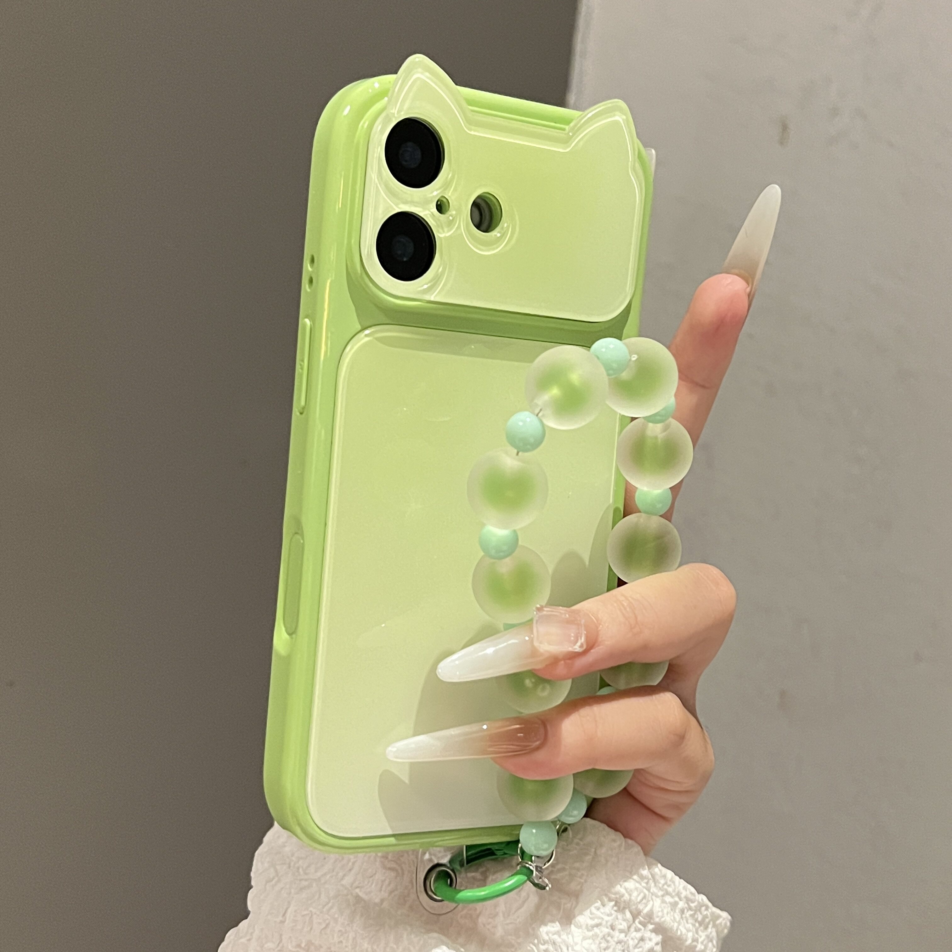 青苹果猫耳防摔挂绳适用iPhone壳