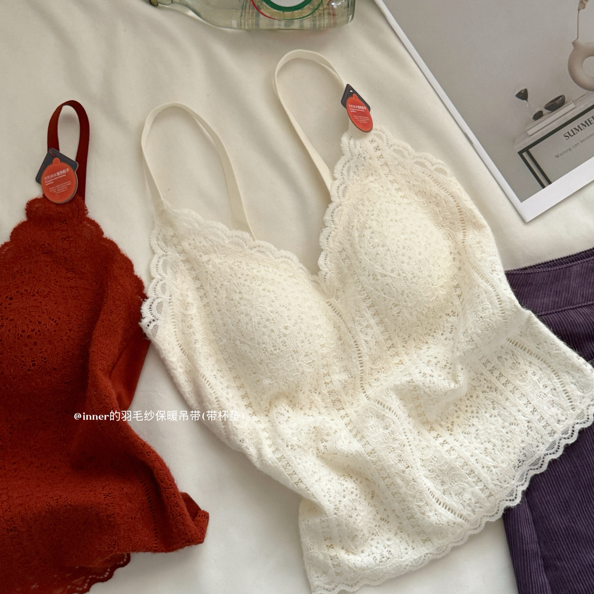 秋冬蕾丝保暖磨毛吊带女士带胸垫免穿文胸一体性感内搭可外穿背心