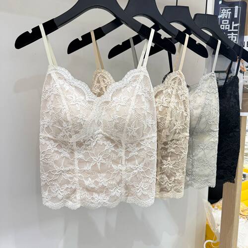 6099-2蕾丝吊带带胸垫背心女冰丝美背内搭打底吊带背心文胸一体式
