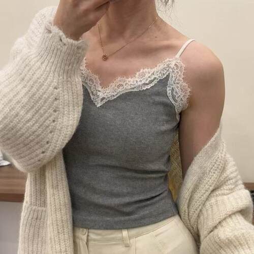 高质量撞色蕾丝花边吊带背心带胸垫肩带可调节纯欲内搭3980