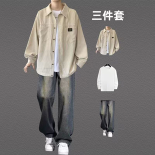 三件套】春秋款灯芯绒外套港风衬衫男潮流帅气夹克青少年休闲套装