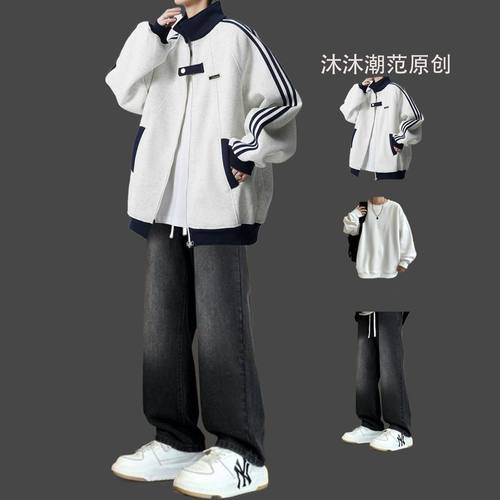 开衫卫衣套装潮牌春秋运动青少年高街夹克外套男装三件套穿搭一套