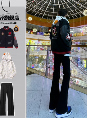三件套秋冬夹棉棒球服国潮加厚夹克外套男装开衫连帽卫衣牛仔裤宽