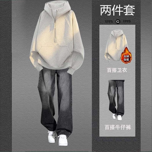 美式潮牌半拉链连帽重磅卫衣男款秋冬季加绒帅气搭配牛仔裤一整套