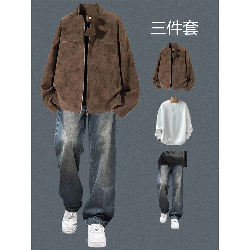 美式潮流皮衣外套男装套装保暖秋冬加绒夹克酷帅机车服外套三件套