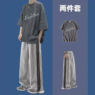 夏季新款短袖青少年男装帅气学生潮流套装男生酷帅长裤一整套衣服