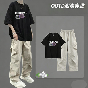 夏季薄纯棉宽松短袖学生新款套装男孩上衣潮流帅气青少年一套搭配