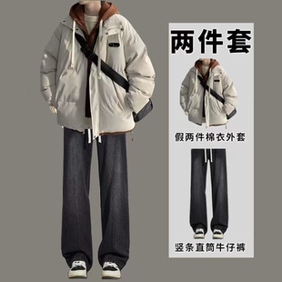 冬季加厚两件棉服保暖套装棉袄外套男生搭配牛仔裤棉衣男装两件套