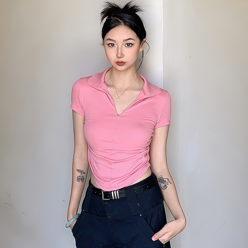 性感辣妹拉链立领长袖T