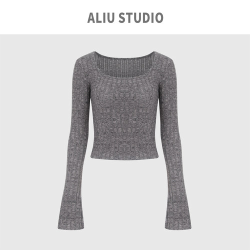 AliuStudio欧美基础正肩大U领套头磨毛衫露锁骨喇叭袖紧身百搭衫