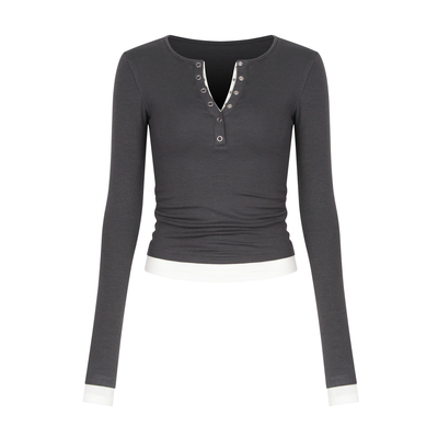 【Aliu自制】美式复古辣妹风撞色拼接假两件长袖T恤小众修身827