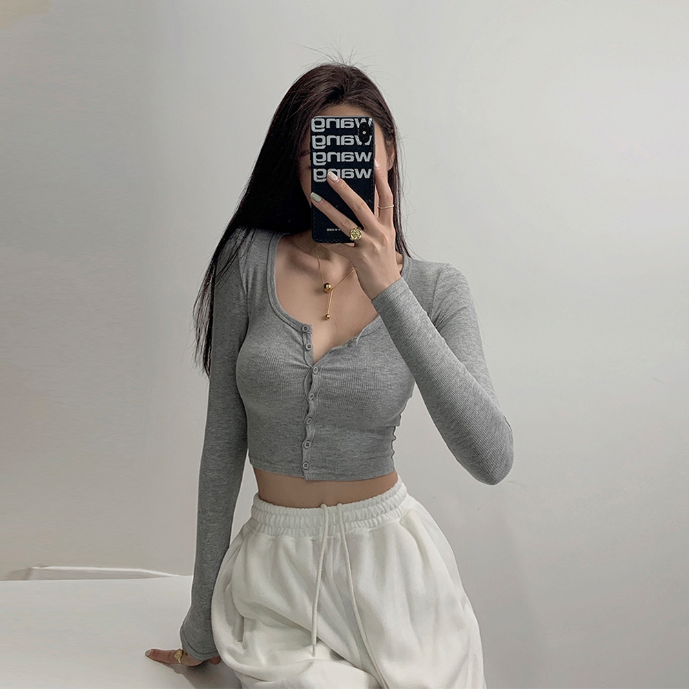 长袖上衣短款低胸显瘦欧美