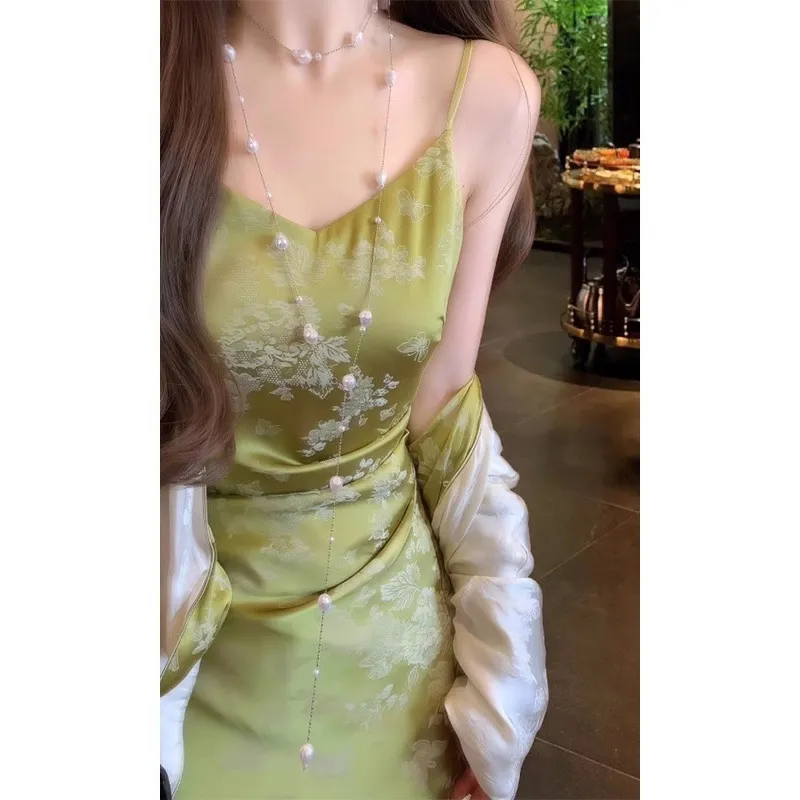 新中式复古绿色吊带连衣裙高端精致提花清冷感修身气质包臀长裙夏