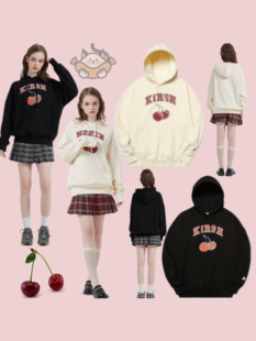 现货韩国KIRSH大樱桃字母刺绣LOGO春秋季休闲连帽卫衣甜美风