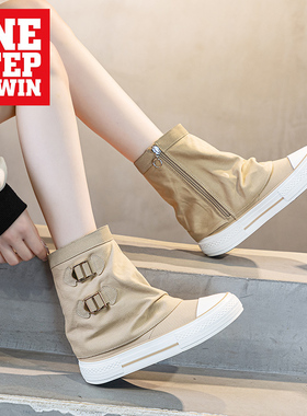 ins英伦风小众设计裤管靴2025新款高帮增高堆堆靴女厚底帆布鞋潮