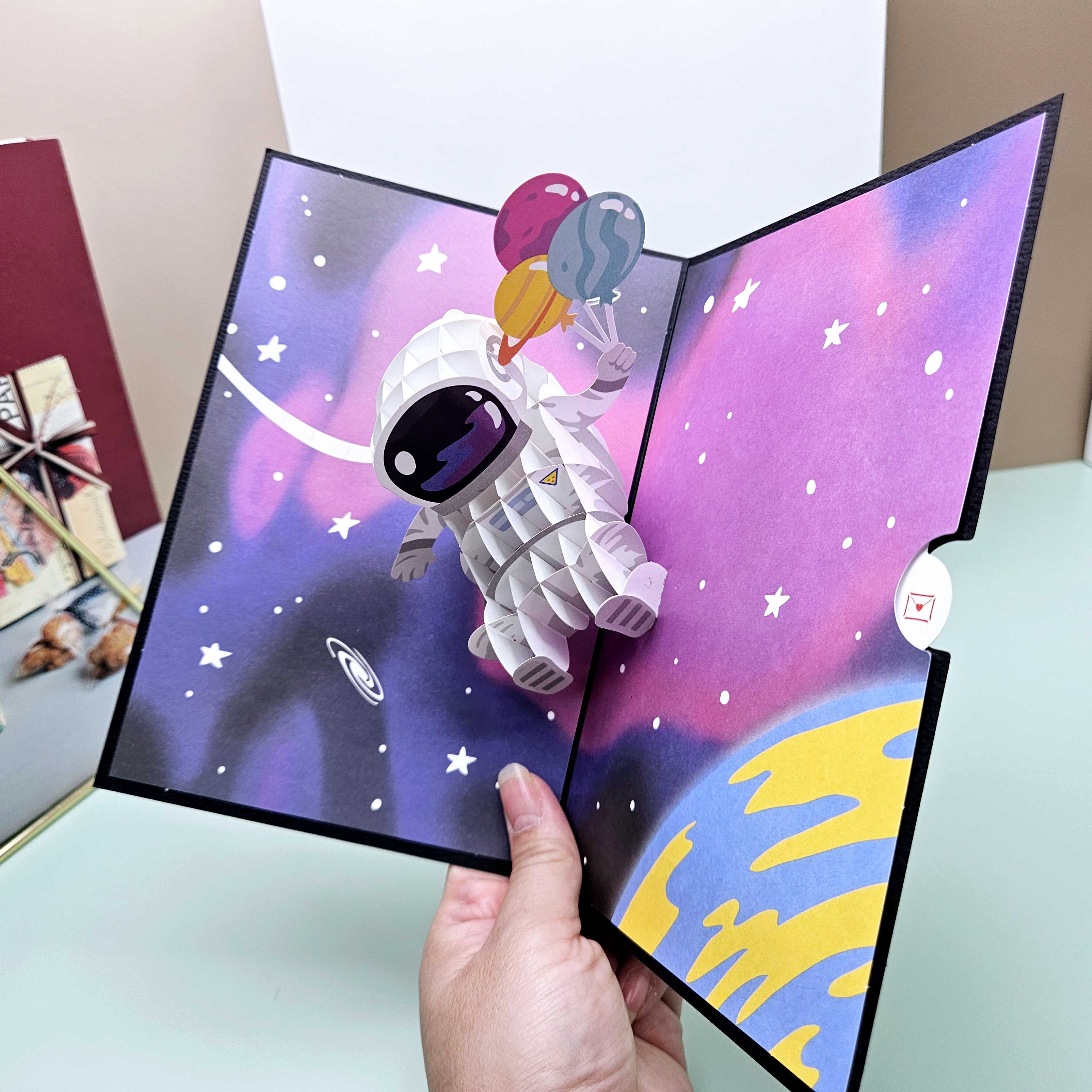 卡通火箭宇航员3D立体祝福贺卡男孩生日卡送男友太空探索卡配信封