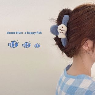 蓝色小鱼毛绒发夹女后脑勺可爱鲨鱼夹大号抓夹网红2022年夹子头饰