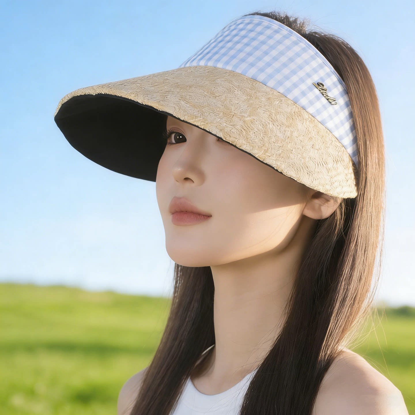 夏季格纹草编大檐防晒空顶帽女